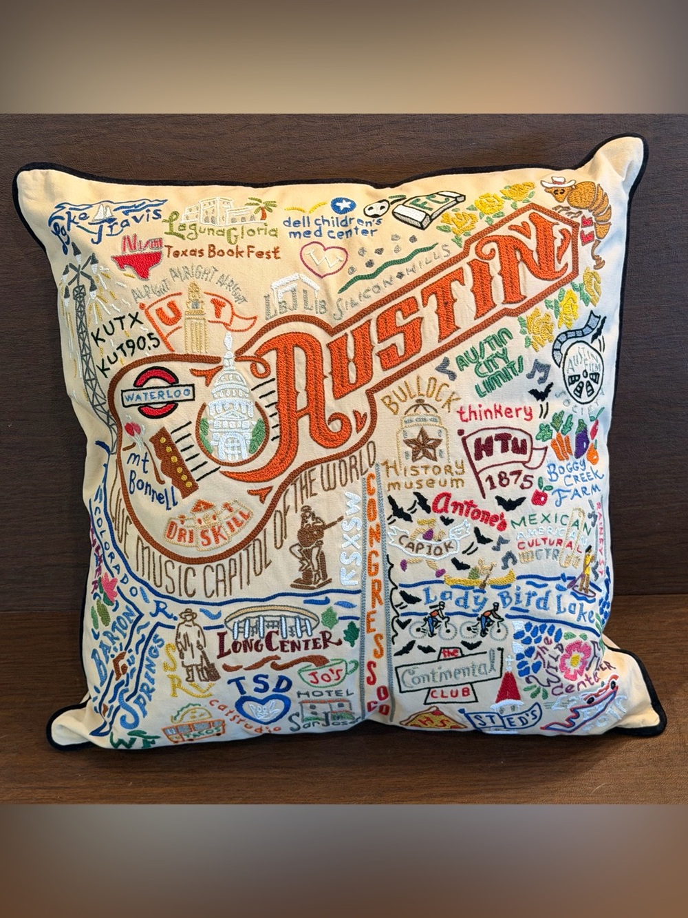 Catstudio AUSTIN Texas Hand-Embroidered 100% Organic Cotton Decorative Pillow